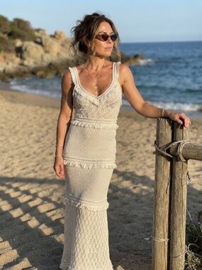 Alexis Maxi Stitch Eyelash Fringe Stretch Fishnet Tired Stretch Dress No Sz